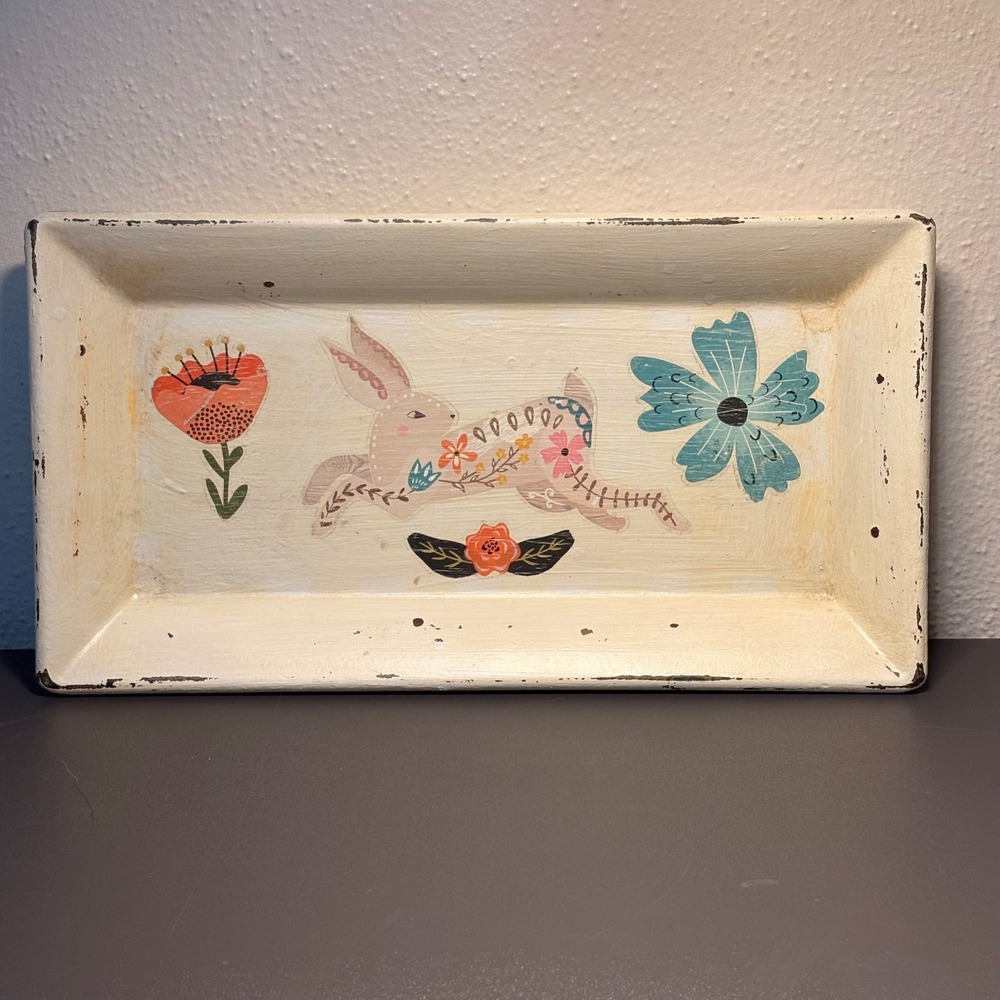 Handpainted Decorative‎ Tray Home Decor Large Cream Excellent Bunny Floral